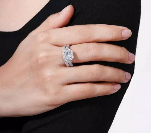 Platinum Plated Sterling Silver .925 Antique Ring Set with Asscher-Cut Infini