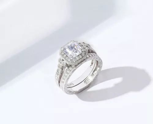 Platinum Plated Sterling Silver .925 Antique Ring Set with Asscher-Cut Infini