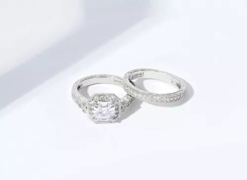 Platinum Plated Sterling Silver .925 Antique Ring Set with Asscher-Cut Infini
