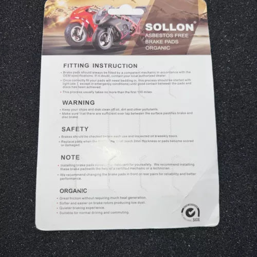 SOLLON 229 BRAKE PADS FOR POWERSPORTS ABESTOS FREE ORGANIC