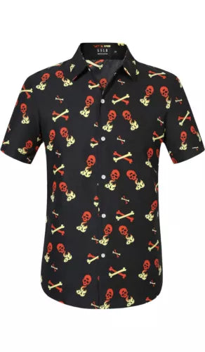 SSLR Button Up Dress Shirt skull, and bones, flaming Short Sleeve 💀4XL