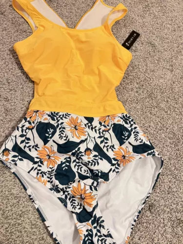 Tempt me swimsuit large NWT Yellow Top With floral Bottom, Zip And tie Back