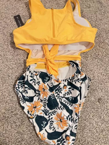 Tempt me swimsuit large NWT Yellow Top With floral Bottom, Zip And tie Back