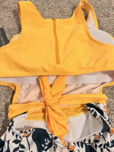 Tempt me swimsuit large NWT Yellow Top With floral Bottom, Zip And tie Back