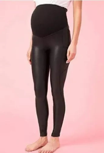 Tagoo Maternity Work Pants Over The Belly Skinny Leather Leggings Blk Sz XL NWT