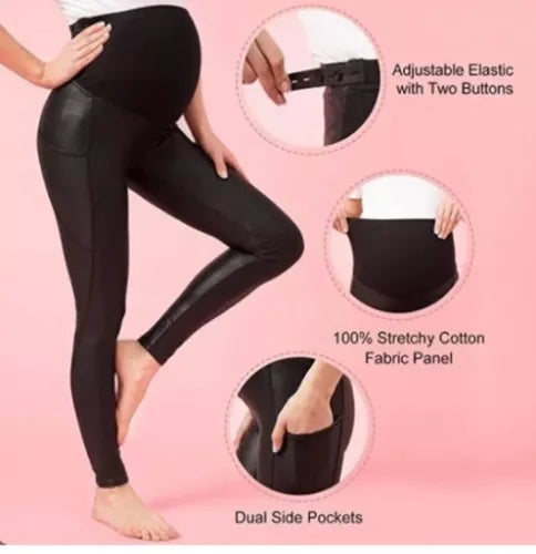 Tagoo Maternity Work Pants Over The Belly Skinny Leather Leggings Blk Sz XL NWT