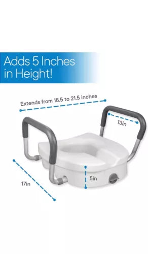 RMS Raised Toilet Seat - 5 Inch Elevated Riser with Adjustable Padded Arms