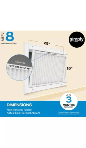 Simply by 16x25x1 Air Filter, MERV 8, MPR 600, AC Furnace Air Filter, 6 Pack