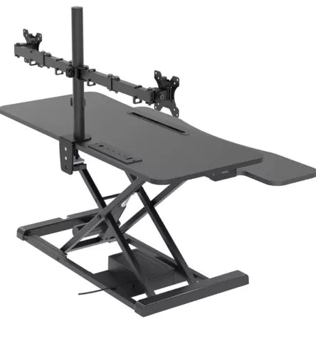 Rocelco 37.4" Electric Standing Desk Converter with Dual Monitor Mount Arm Black