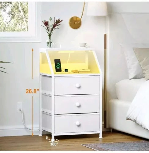 REAHOME 3 Drawer Nightstand End Table Unit with Charging Station,Taupe(Open Box)