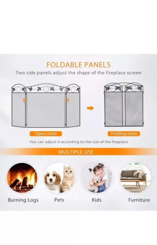 50''x29'' Wrought Iron Metal Fireplace Screen 3 Panel Fire Spark Guard Cover
