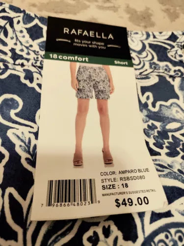 Rafaella Ladies Stretch Fashion Button Comfort Bermuda Short Sz 18 Blue Floral