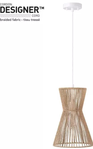 Globe 65793 Grace 1-Light Pendant Lighting, Matte White, Natural Twine Shade,