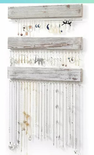 Jewelry Organizer for Wall Set of 3, Rustic Wood & Metal Wall Mount Org