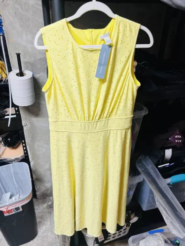 London Times Eyelet Dress Pale yellow Sleeveless Midi Classy Sz 12