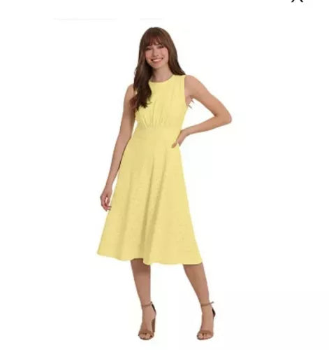London Times Eyelet Dress Pale yellow Sleeveless Midi Classy Sz 12