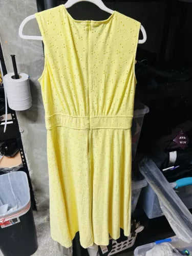 London Times Eyelet Dress Pale yellow Sleeveless Midi Classy Sz 12