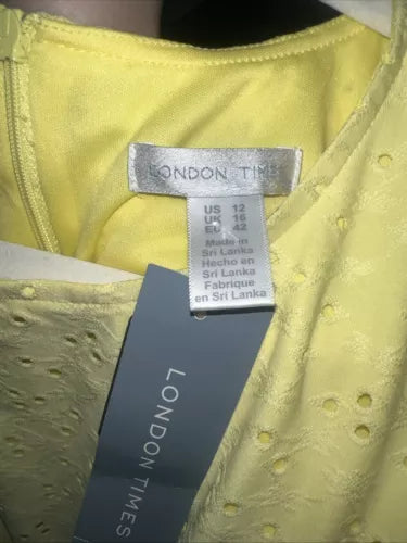London Times Eyelet Dress Pale yellow Sleeveless Midi Classy Sz 12
