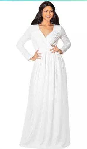 KOH KOH Women's Sexy Long Sleeve  Wrap Maxi Dress, White, M