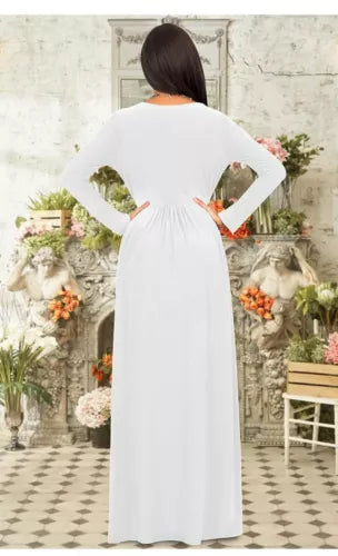 KOH KOH Women's Sexy Long Sleeve  Wrap Maxi Dress, White, M