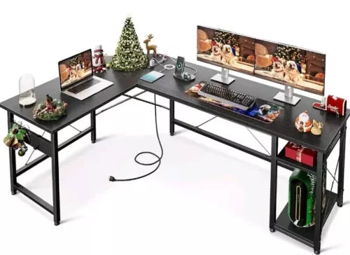 L Shaped Computer Desk 66" with Power Outlet & Storage Shelves, Corner Sturdy...