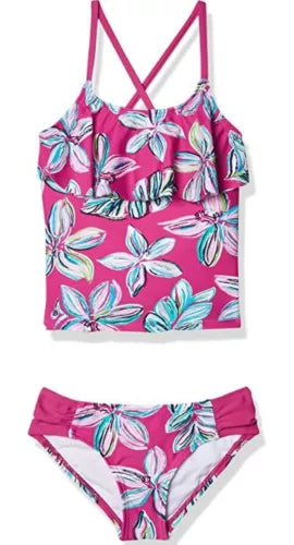 Kanu Surf Girls' Charlotte Flounce Tankini Beach Sport 2-Pc Swimsuit Pink Sz 14