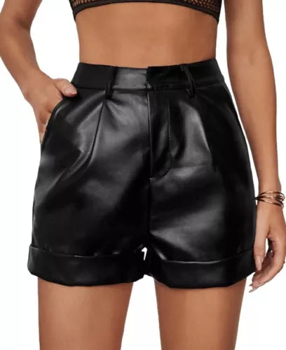 WDIRARA Women's High Waisted PU Leather Shorts Roll Shorts with Pockets Xxl