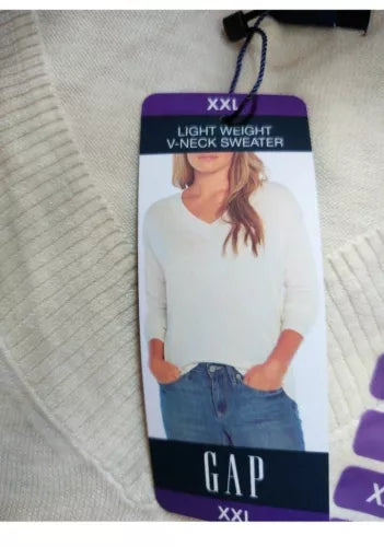 GAP Lightweight Women's V-Neck Sweater Heather Oatmeal XXL Soft Cozy