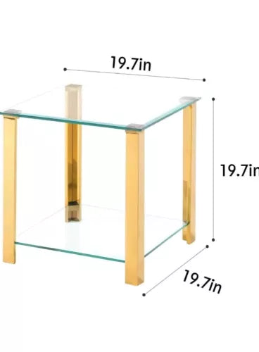 Glass End Table，Side Table with 2-Tier Storage,Coffee Gold