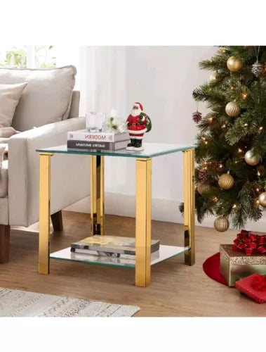 Glass End Table，Side Table with 2-Tier Storage,Coffee Gold