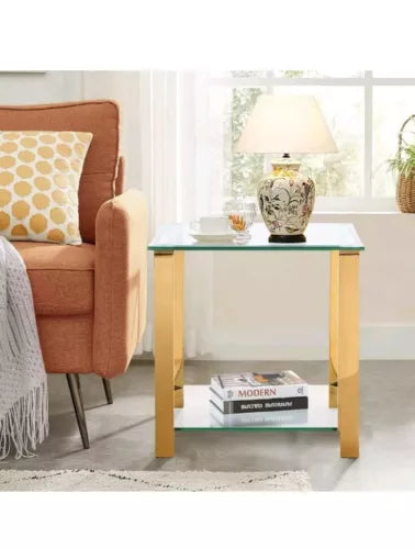 Glass End Table，Side Table with 2-Tier Storage,Coffee Gold