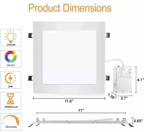 11 Inch Square Recessed Light: 3 Color Temperature & Dimmable 2200 Lumens