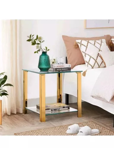 Glass End Table，Side Table with 2-Tier Storage,Coffee Gold