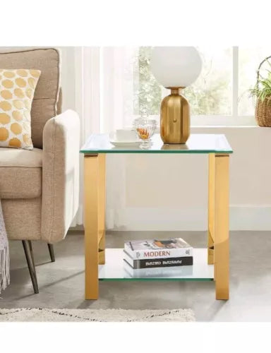 Glass End Table，Side Table with 2-Tier Storage,Coffee Gold