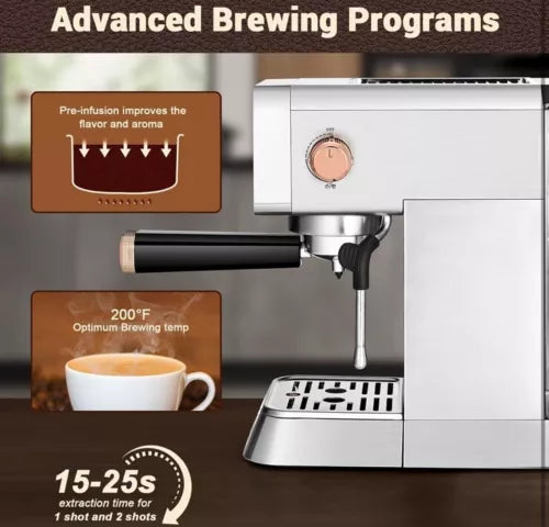 20 Bar Espresso Machine with Milk Frother, Brushed Stainless Steel Shell, 37 ...