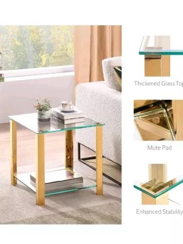 Glass End Table，Side Table with 2-Tier Storage,Coffee Gold