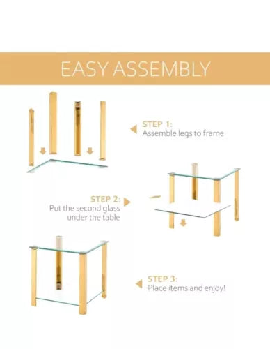 Glass End Table，Side Table with 2-Tier Storage,Coffee Gold