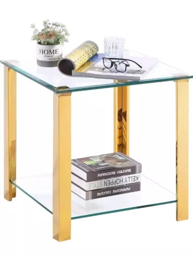 Glass End Table，Side Table with 2-Tier Storage,Coffee Gold