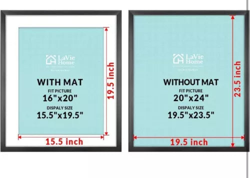 20 X 24 Poster Frame 2 Packs Black, Display Pictures 16X20 with Mat or 20X24 wit