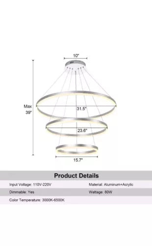 3-Rings D31.5’’ Modern Crystal LED Chandelier Black Dimmable Circular Pendant