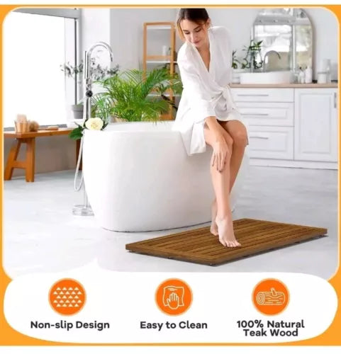 32"x18" Teak Wood Bath Mat Shower Mat for Bathroom Wooden Floor Mat Square