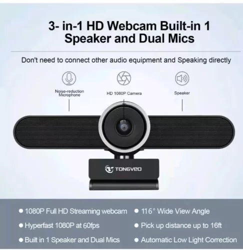 Wide Angle Webcam with Microphone and Speaker, Conference Room USB 1080P 60fp...
