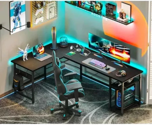 L Shaped Computer Desk 66" with Power Outlet & Storage Shelves, Corner Sturdy...