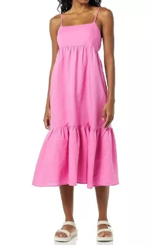 Goodthreads Women's Linen Tiered Midi Dress 55% Linen, 45% Cotton, Pink, Small