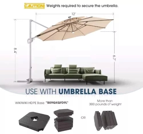 12 FT Cantilever Patio Umbrella with Solar Lights, Offset Umbrella Outdoor