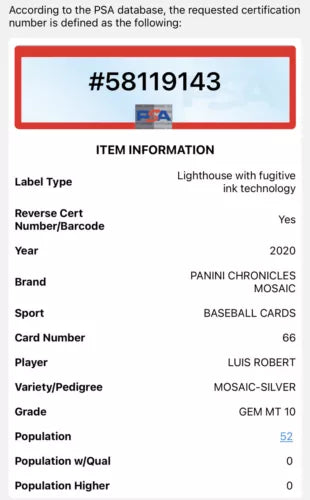 2020 PANINI MOSAIC LUIS ROBERT Rookie RC #66 SILVER PRIZM  PSA 10 LOW POP 52