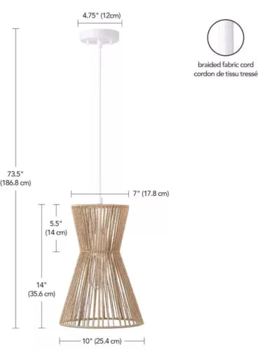 Globe 65793 Grace 1-Light Pendant Lighting, Matte White, Natural Twine Shade,