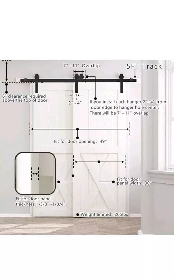 Bypass Sliding Barn Door Hardware Kit, Single Track, One-Piece Rail, Double Wood