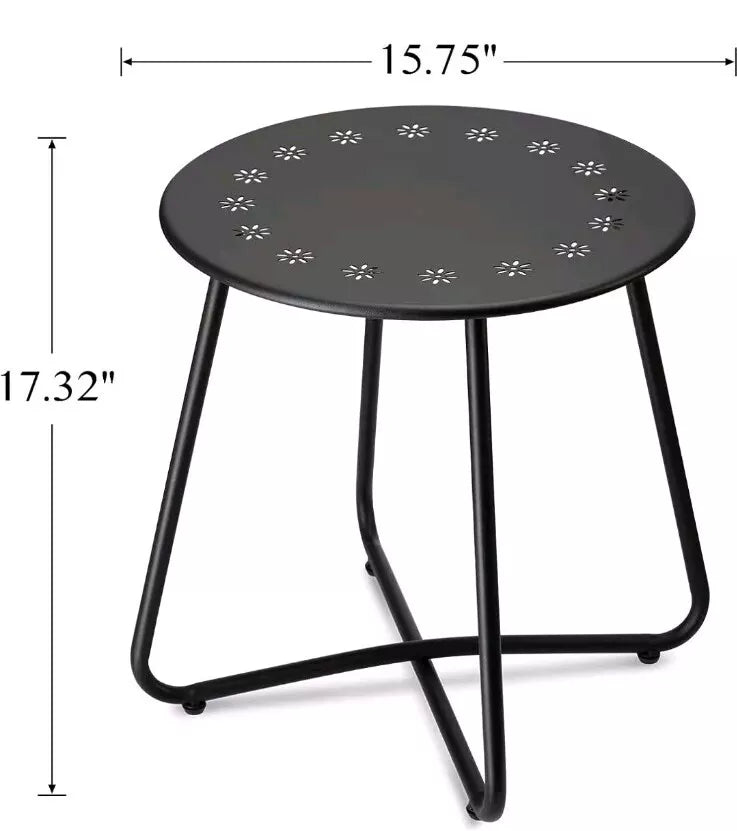 Black Round Weather Resistant Steel Patio Side Table with Flower Cut Outs