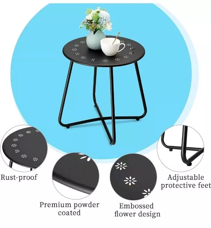Black Round Weather Resistant Steel Patio Side Table with Flower Cut Outs